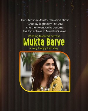 Portrait of Marathi actress Mukta Barve with birthday message