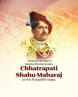 Portrait of Chhatrapati Shahu Maharaj with floral decorations and text commemorating his Punyathithi.