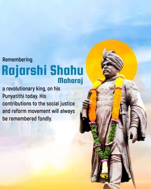 Statue of Rajarshi Shahu Maharaj with a yellow sun background