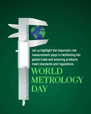 Illustration of a caliper measuring the Earth, with text celebrating World Metrology Day.