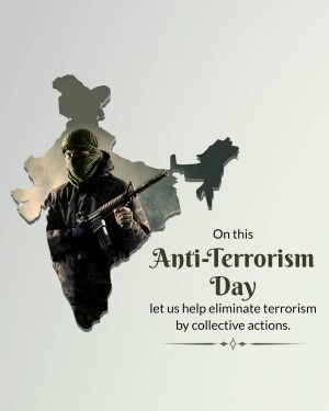 Anti-Terrorism Day poster with a silhouette of a masked individual and the map of India.