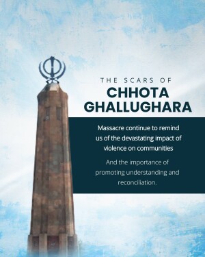 Memorial tower at Chhota Ghallughara site with text overlay