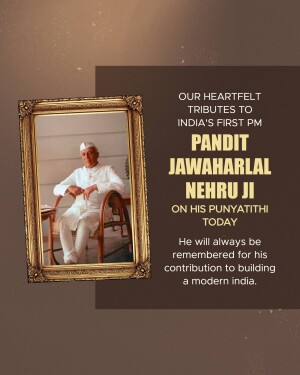 Portrait of Jawaharlal Nehru in a golden frame with text commemorating his Punyithi