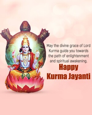 Image of Lord Kurma on a turtle, with text wishing Happy Kurma Jayanti