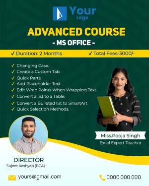 Flyer advertising an advanced MS Office course with details on duration, fees, and instructors.