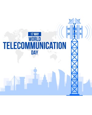 Illustration for World Telecommunication Day featuring a cell tower and world map.