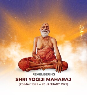 Portrait of Shri Yogiji Maharaj with a cosmic background
