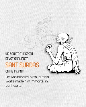 Illustration of Sant Surdas in a devotional pose with text honoring his birth anniversary.