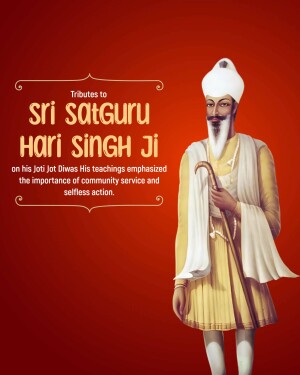 Portrait of Sri Satguru Hari Singh Ji against a red background