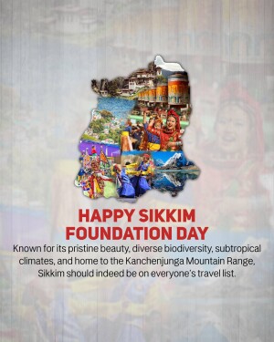 Sikkim Foundation Day celebration poster with collage of Sikkim's culture and landscape.