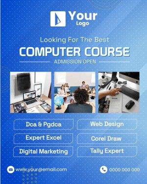 Advertisement for computer courses including DCA, PGCDA, Web Design, Excel, Corel Draw, Tally, and Digital Marketing.