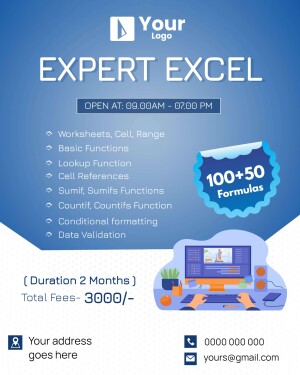 Promotional flyer for an Excel training workshop with details on topics covered and pricing.