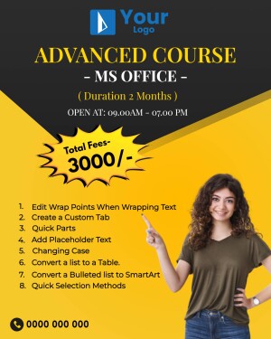 Flyer advertising an advanced MS Office course with details on duration, timings, fees, and course content.