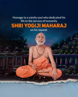 Portrait of Shri Yogiji Maharaj with text commemorating his Jayanti