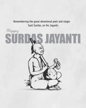 Illustration of Sant Surdas playing a flute and drum with text 'Happy Surdas Jayanti'