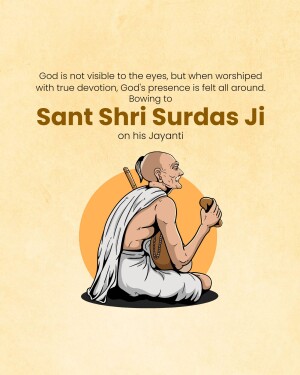 Illustration of Sant Surdas Ji with a devotional quote