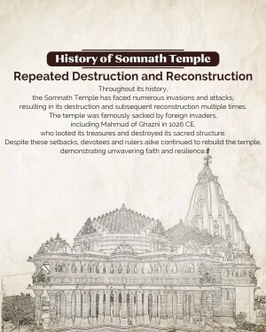 Sketch of Somnath Temple with text detailing its repeated destruction and reconstruction.