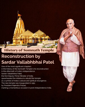 Image depicting Sardar Vallabhbhai Patel with the Somnath Temple in the background, highlighting its reconstruction.
