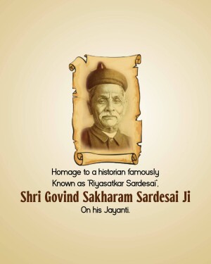 Portrait of Shri Govind Sakharam Sardesai Ji with a scroll and text honoring him.
