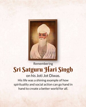 Portrait of Sri Satguru Hari Singh in a frame with text commemorating his Jot Diwas.