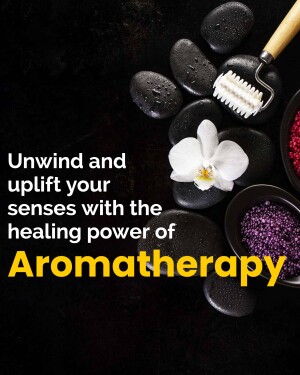 Aromatherapy stones, flower, and tools with text 'Unwind and uplift your senses with the healing power of Aromatherapy'