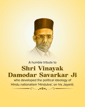 Portrait of Vinayak Damodar Savarkar with tribute text