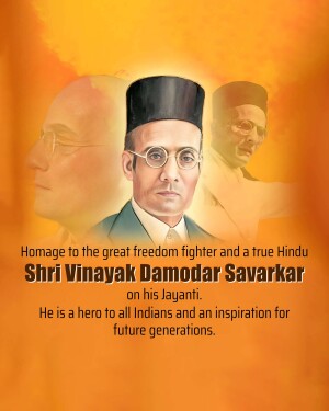 Portrait of Vinayak Damodar Savarkar with text commemorating his birth anniversary