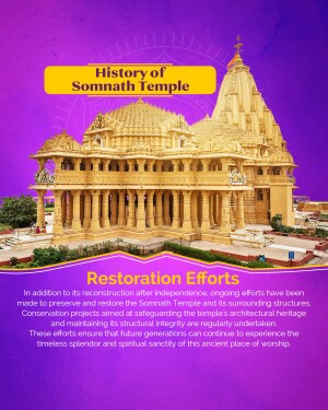 Somnath Temple in Gujarat, India, with text about its history and restoration efforts.
