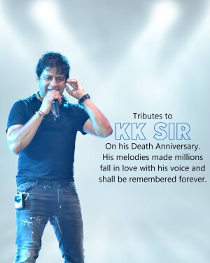 Image of KK, a popular Indian singer, with a tribute message on his death anniversary.