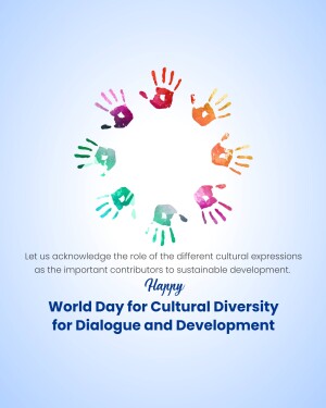 Colorful handprints forming a circle with text celebrating World Day for Cultural Diversity and Development.