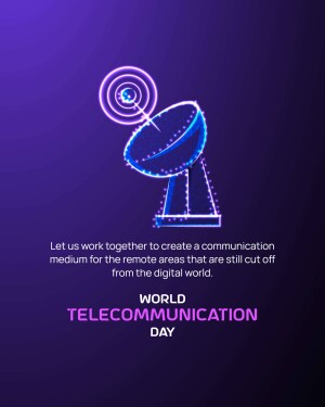 Illustration of a satellite dish with glowing lines and text celebrating World Telecommunication Day.