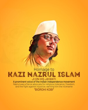 Portrait of Kazi Nazrul Islam with text commemorating his birth anniversary