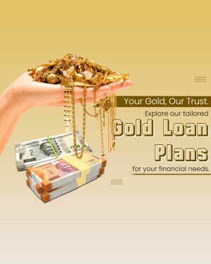 Hand holding gold jewelry with money and text promoting gold loan plans.