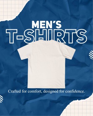 White t-shirt on a blue and beige abstract background with text 'Men's T-Shirts'