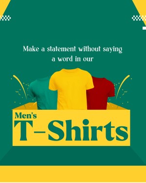 Image of men's t-shirts in green, yellow, and red colors with a promotional banner.