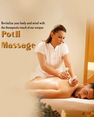 A woman giving a Potli massage to a man lying face down on a massage table.