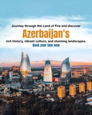 Flame Towers in Baku, Azerbaijan with a sunset backdrop and text promoting tourism.