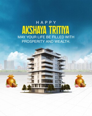 Akshaya Tritiya greeting with a building and traditional pots