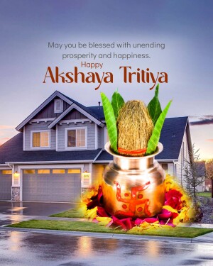 Akshaya Tritiya festive image with a pot of prosperity and a house in the background.