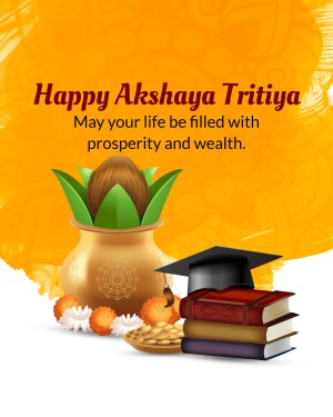 Akshaya Tritiya greeting with a pot of plant, books, and traditional items.