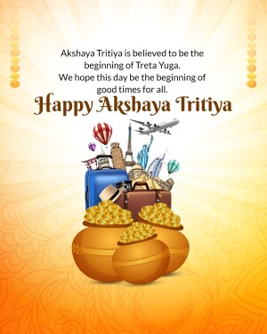 Akshaya Tritiya greeting with travel themed illustrations and gold pots.