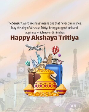 Akshaya Tritiya greeting with travel themed illustrations and golden pot.