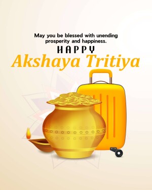Akshaya Tritiya greeting with gold coins, pot, and suitcase