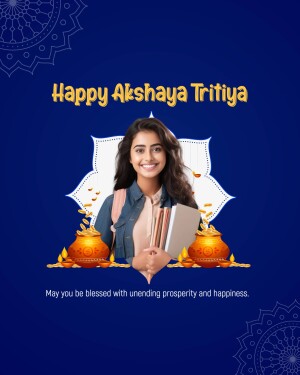 Image of a woman with Akshaya Tritiya decorations and text.