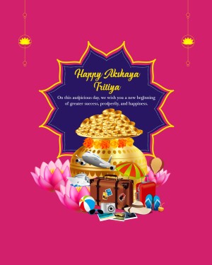 Akshaya Tritiya festive greeting with pot of gold and travel items