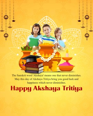 Akshaya Tritiya greeting with children, traditional items, and text.