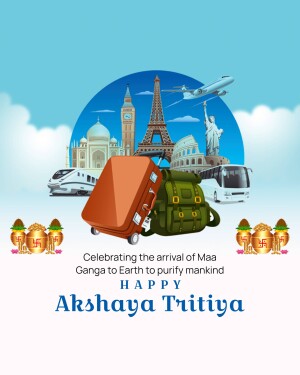 Akshaya Tritiya greeting with travel landmarks and festive decorations.