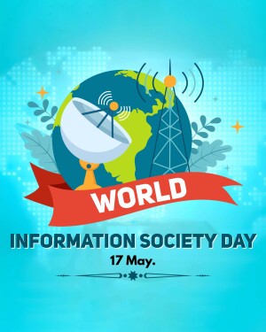 Illustration of Earth with satellite dishes and communication towers, celebrating World Information Society Day.