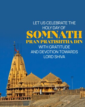 Image of Somnath Temple with text celebrating Pran Pratishtha Din