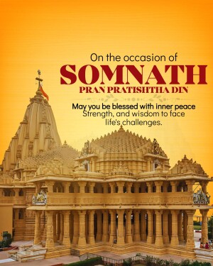 Image of Somnath Temple with text celebrating Pran Pratishtha Din